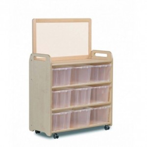 ÉTAGÈRE MOBILE AVEC TABLEAU MAGNÉTIQUE ET 9 BACS TRANSPARENTS