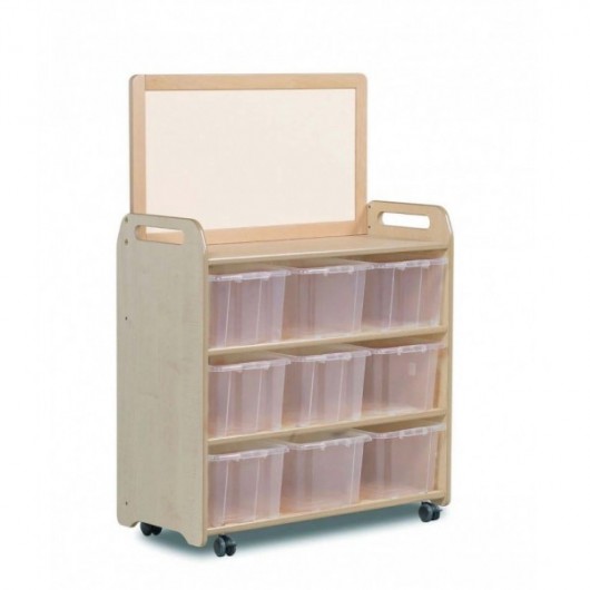 ÉTAGÈRE MOBILE AVEC TABLEAU MAGNÉTIQUE ET 9 BACS TRANSPARENTS