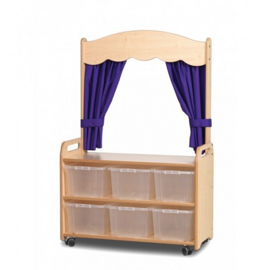 GRANDE UNITÉ MOBILE AVEC MODULE THÉÂTRE + 6 BACS TRANSPARENTS ET RIDEAUX VIOLETS