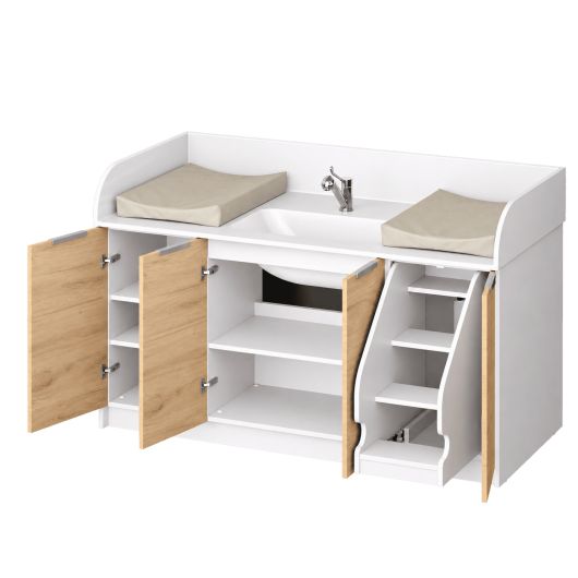 Plan de change 2 postes avec baignoire et escalier coulissant - L175 cm