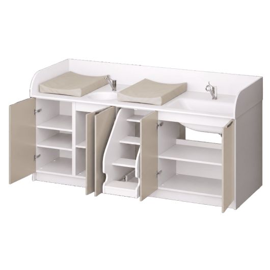 Plan de change 2 postes escalier coulissant central avec baignoire et vasque -L220 cm
